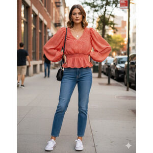 Sam & Jess V-Neck Orange Abstract Smocked Peplum Top peasant coquette Puff SZ L